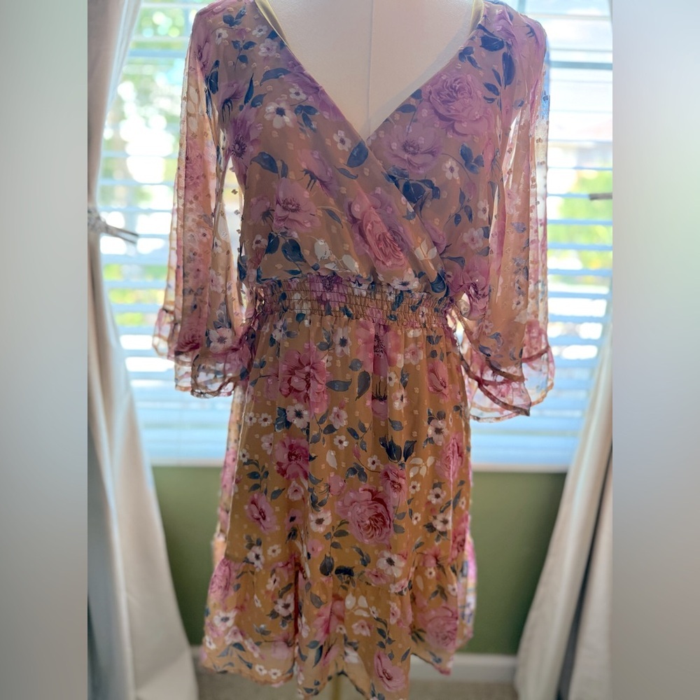 Peach Love California Pink Ruffled Bell Sleeve Mini Dress